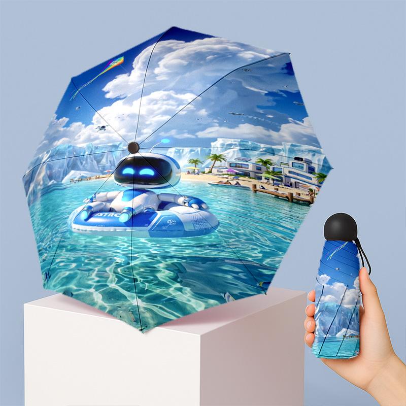 Astro Bot Printed 5?Fold Mini Umbrella 8?Rib Windproof Compact Umbrella For Women Pocket Carry
