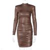 Minikjole i PU-skinn Ruched Turtleneck Langermet Bodycon Bandasje Sexy Streetwear-fest Elegant Autumn Winter Club