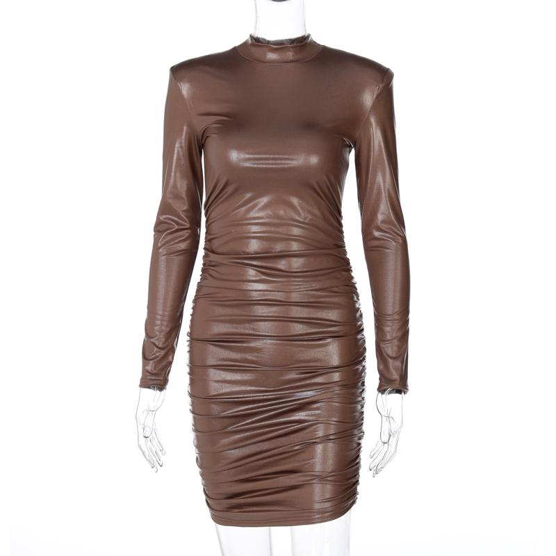 Minikjole i PU-skinn Ruched Turtleneck Langermet Bodycon Bandasje Sexy Streetwear-fest Elegant Autumn Winter Club