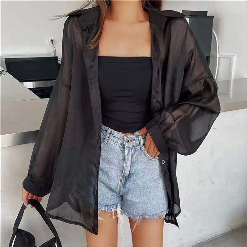 

Flip Collar Mid Length Cardigan Top Pure Color Lapel Mid-Length Cardigan Top Female Black One size