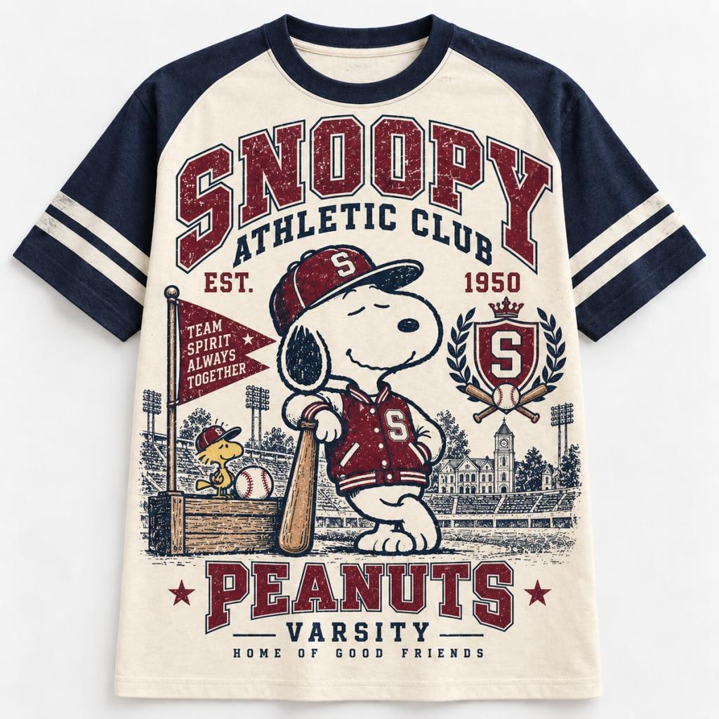 Snoopy Peanuts University Vintage Graphic T-shirt Retro College Raglan Striped Short Sleeve Kids Tee Unisex Summer Casual Tops