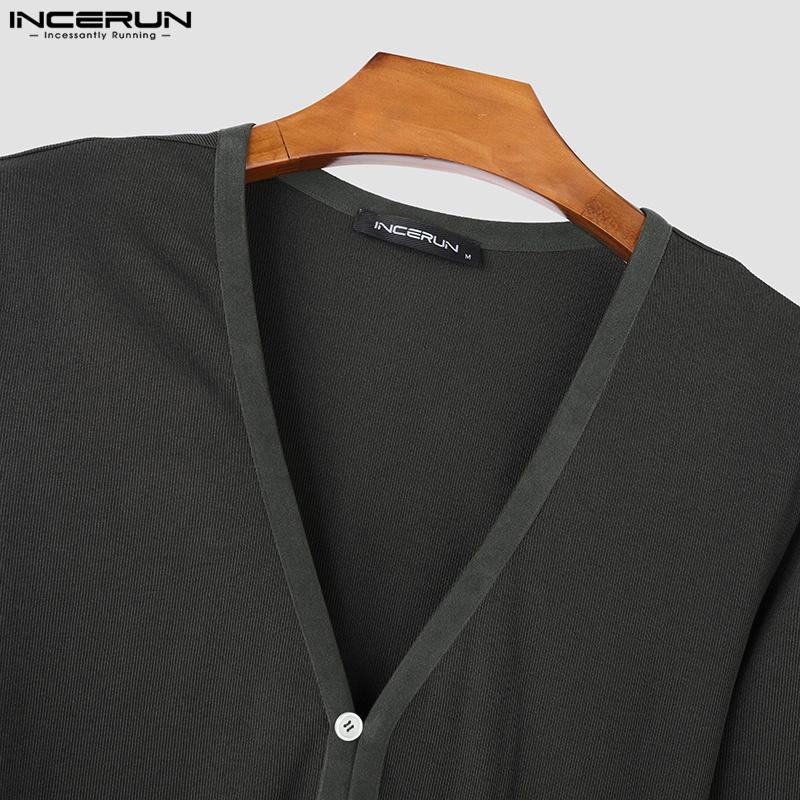 INCERUN Men V Neck Long Sleeve Buttons Rib Casual Fitted Tops T-shirts Undershirts