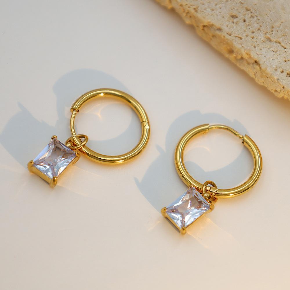 Wind Rectangular Zircon Earrings Women'S Niche Design Sense 18K Titanium Steel Premium Sense Earrings