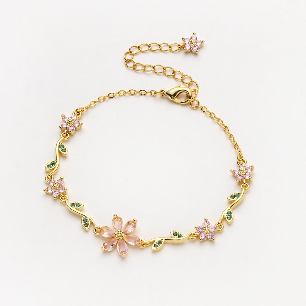 Adjustable Elegant Crystal Flowers Bracelet For Women Y2K Sweet Girls Pink Zircon Bracelets Luxury Designer Jewelry Gift