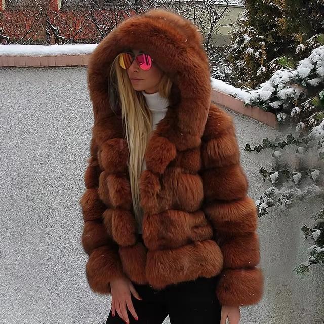 Europe and The United States Hot Sale Fur Coat with Hood Splicing Coat Imitation Fox Fur Fur Faux Fur