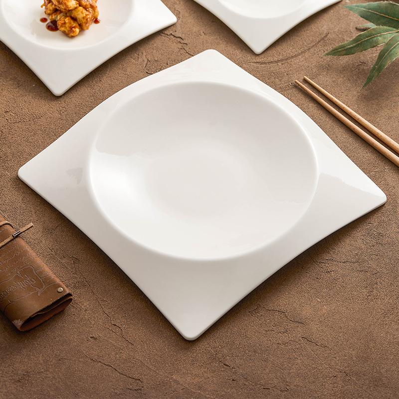Solid Color Square Ceramic Plate, Thick Soup Plate, High-end Restaurant Atmosphere Dishes, Dessert Plate, Tableware, Kitchen