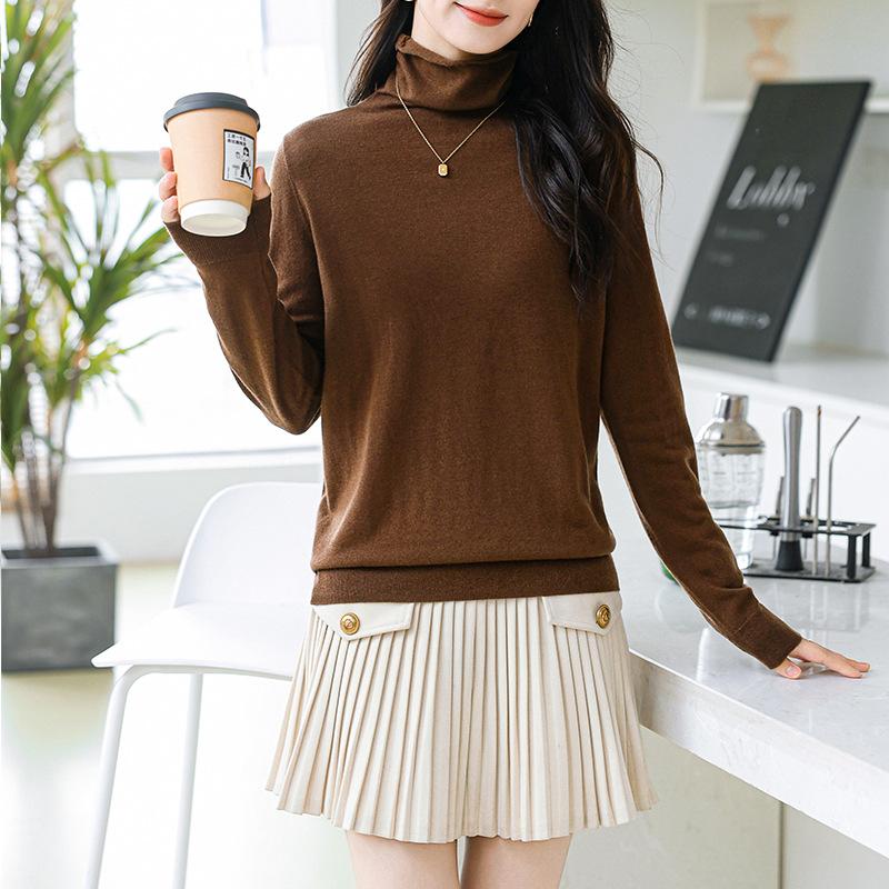 0 Wool Sweater Women's Loose and Thin Long Sleeves Stacked Collar Curled Pullover Sweater Backing Knitted Top Thin New