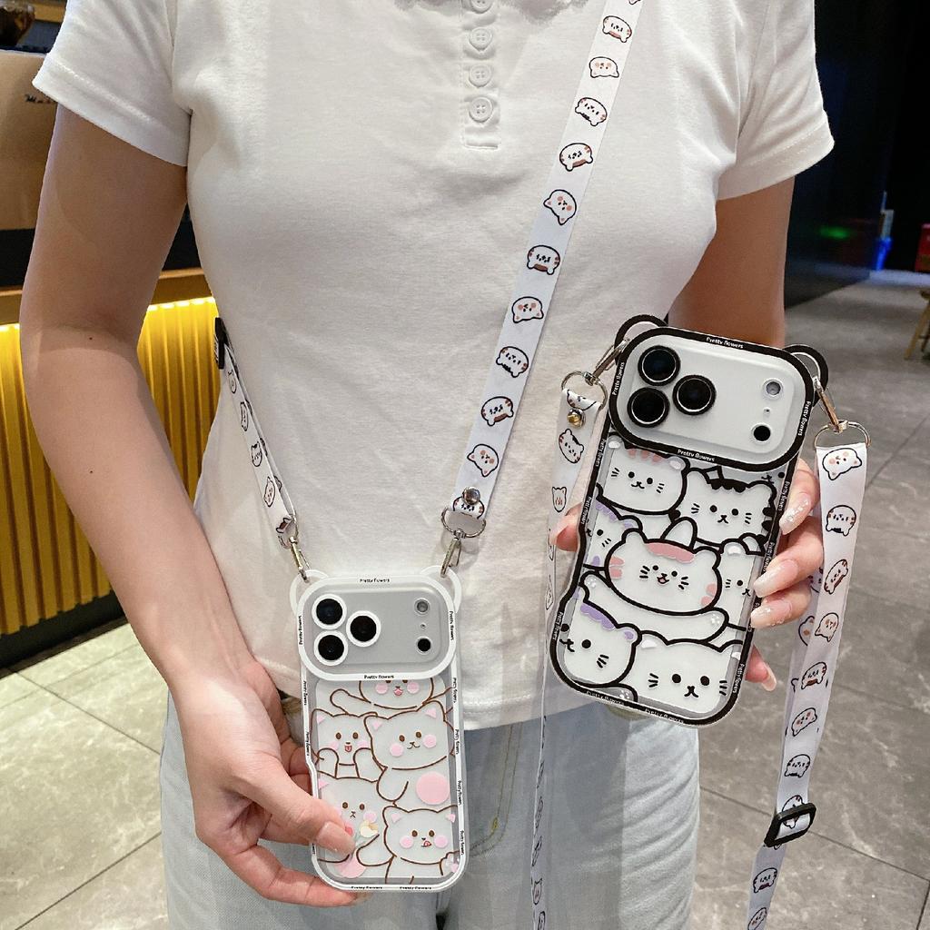 For iPhone 17 Pro Case Cute Bear Design Shockproof TPU Phone Back Cover with Shoulder Strap