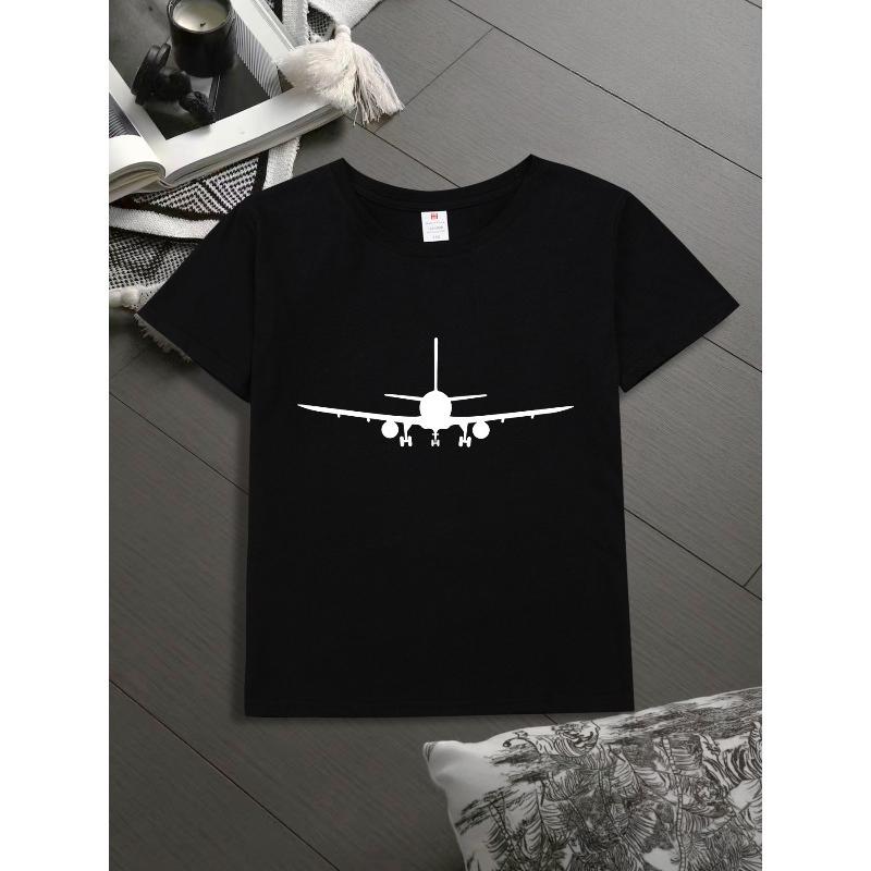 European Sizes Airplane Silhouette Print Kids' T-Shirt, Children's Short-Sleeve Cartoon Fashionable Fun Top, Base Layer for Boys