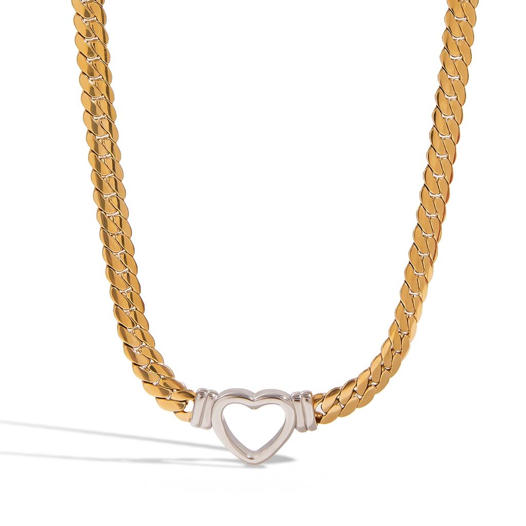 Yori 14K Gold Hollow Heart Flat Snake Chain Necklace Vintage Stainless Steel Elegance Jewelry Gift for Women