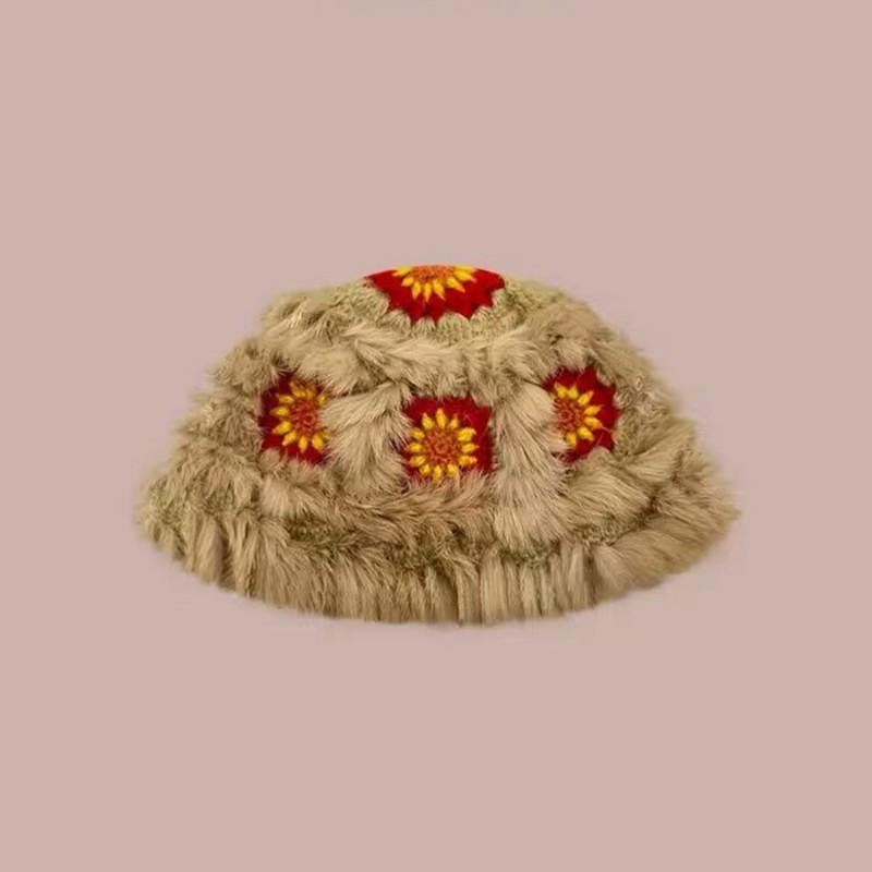 Fashion Rabbit Fur Patchwork Knit Bucket Hat Women Warm Fall Winter Large Head Size Face Slimming