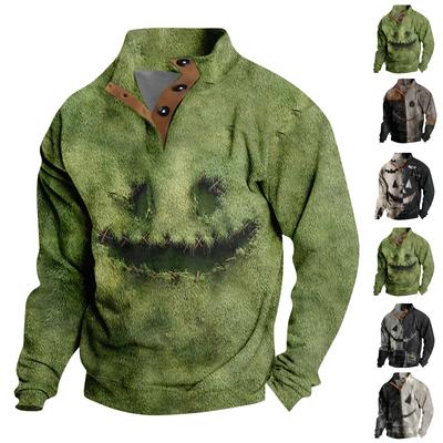 Men's Casual Fashion Christmas Printed Hoodless Sweatshirt Wide Men's Loose Button Stand Collar Hooded Sweatshirt