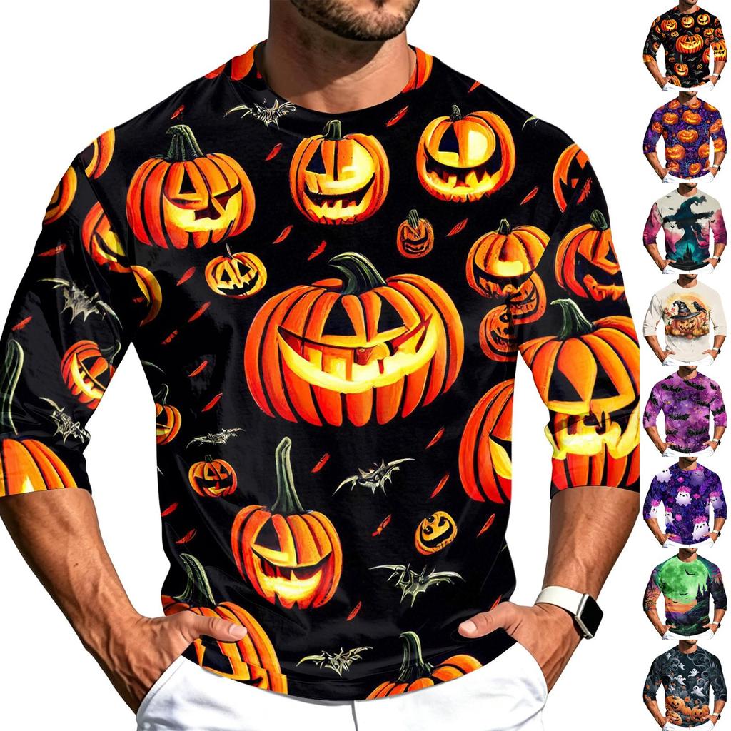 Men's Casual Halloween Print Crew Neck 3/4 Sleeve T-Shirt Lightweight Breathable Fabric Comfortable Fit