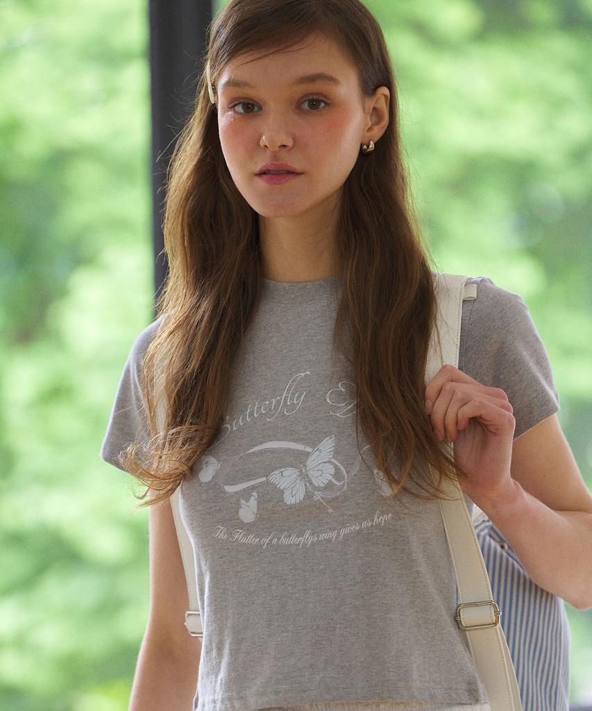 LETTER FROM MOON Butterfly Ribbon Crop T-Shirt (Melange Grey)