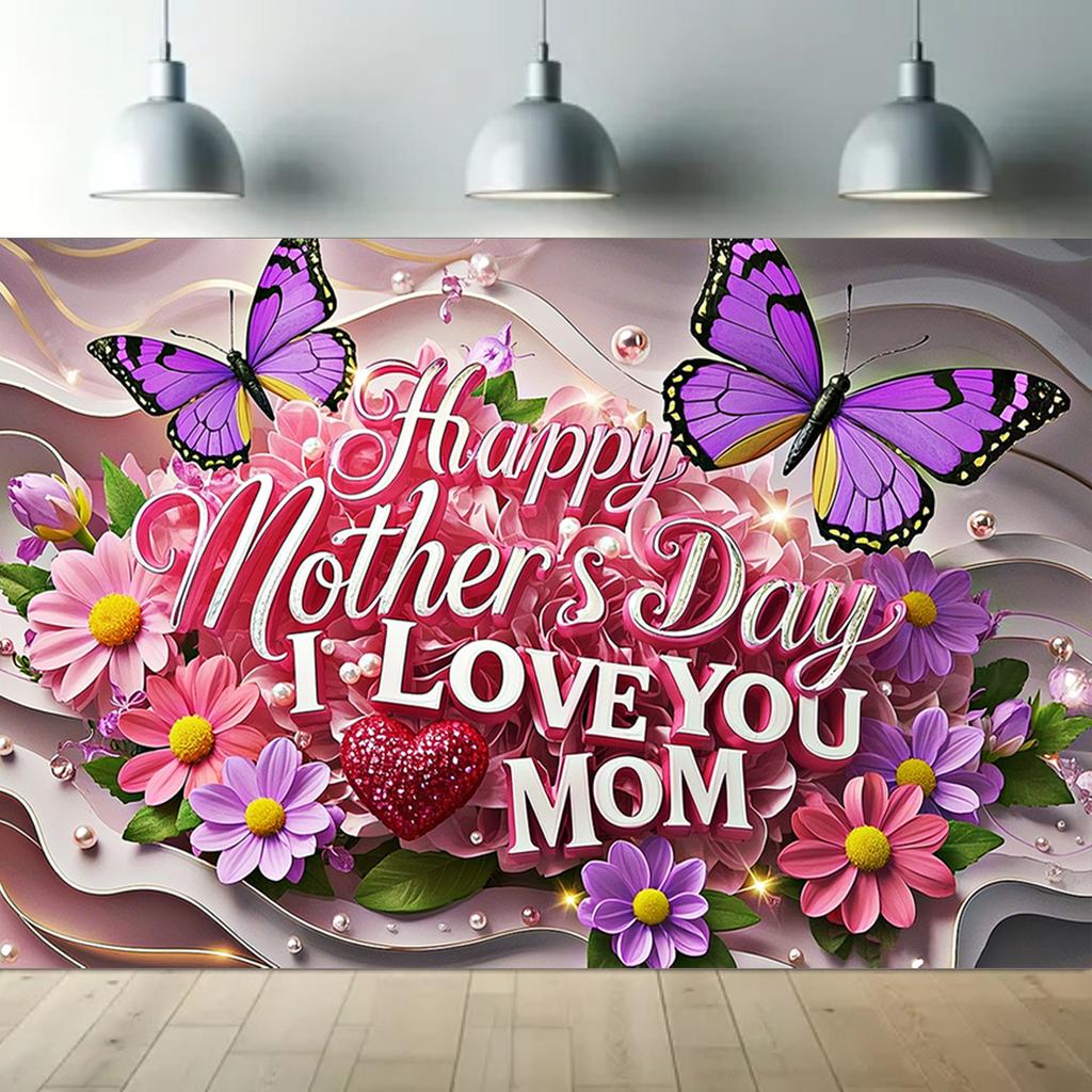 Mother's Day Floral Backdrop with Floral&Butterfly Element Design,Wall Decor,Gift,Festive Wall Covering,Rustic Background