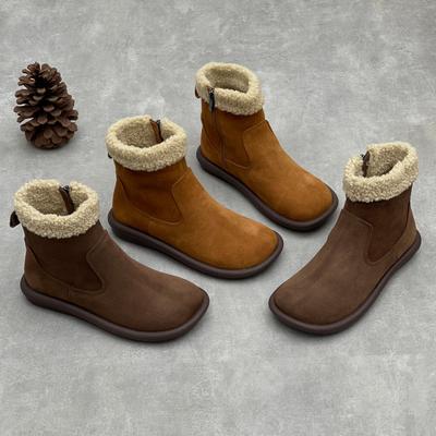 Genuine Leather Plush Warm Cotton Boots Casual Thick Soled Round Toe Flat Women's Short Boots
