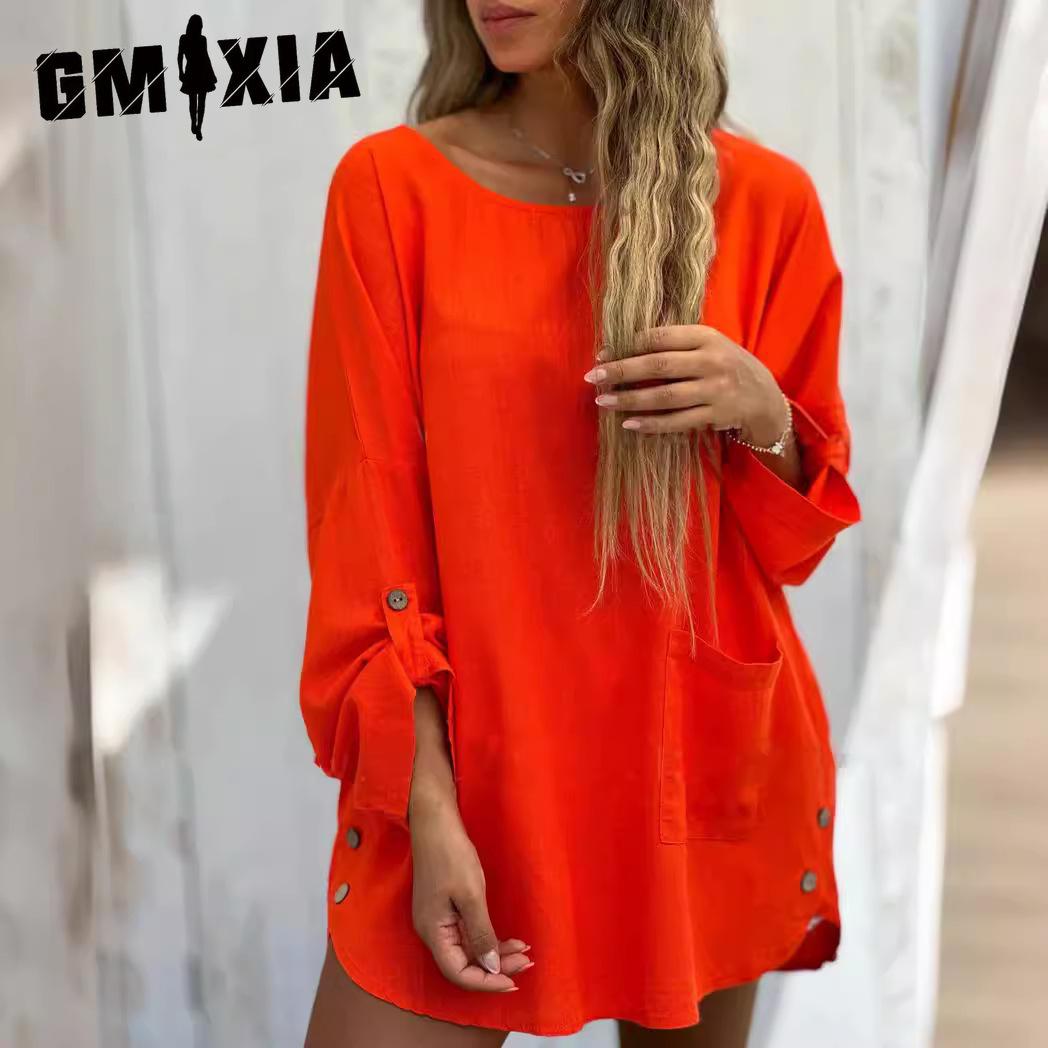

GMXIA Women s Solid Colour Loose O-Neck Button Pocket Long Sleeve Dress XXXXXL синій
