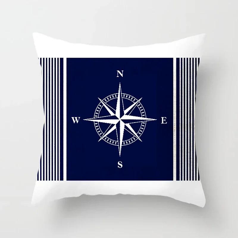 Home Decor Compass Anchor Pillow Cover Blue Mediterranean Cushion Gift Sofa Office Accessory Ornament 45x45cm