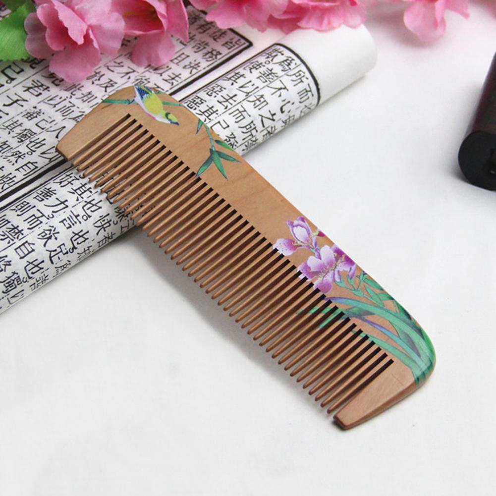 Painted Flower Peach Wood Healthy Scalp Massage Anti-Static Comb Hair Care Tool
