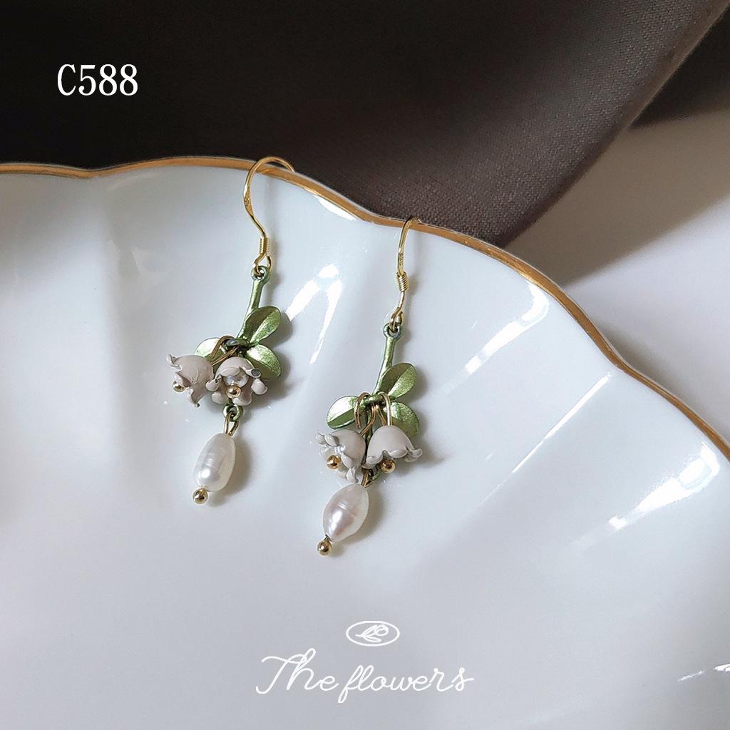 Lily of the Valley Silver-Plated Earrings with Green Tassel and Freshwater Pearl