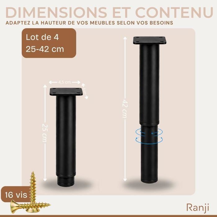 Set mit 4 verstellbaren Möbelfüßen aus Stahl 25-42cm, Schwarz, Stabile Befestigungsplatte, Anti-Rutsch-Kappen