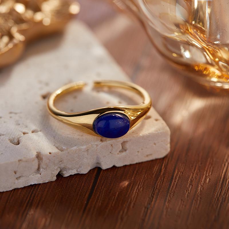 Xiaohongshu Minimalist Personalized Design S925 Sterling Silver Inlaid With Natural Agate Blue Gold Treasure Ring For Women