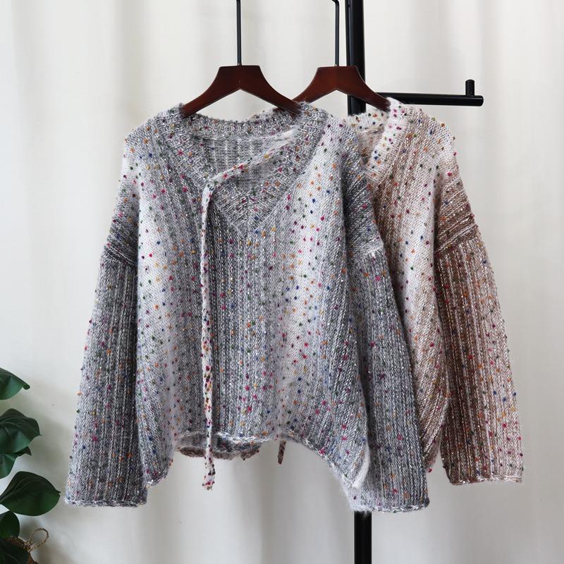 Autumn and Winter New Color Dot Design Knitted Sweater Top Soft Waxy Sequins Loose and Thin Sweater Pullover Women's Clothing