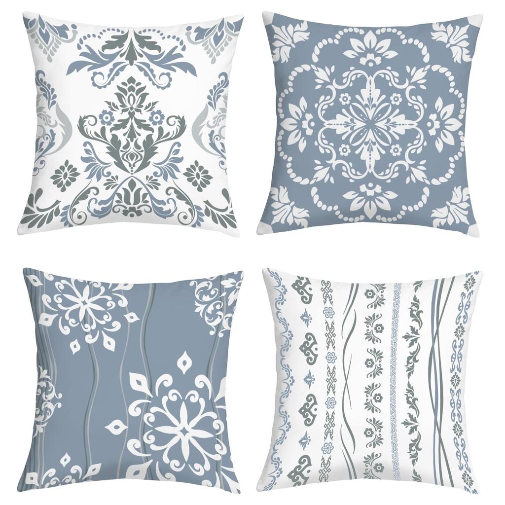 4 Stück Blau-Graue Damast-Kissenbezüge, Vintage Florale Kissenhüllen für Sofa Schlafzimmer Wohnzimmer Heimdekoration 45x45cm