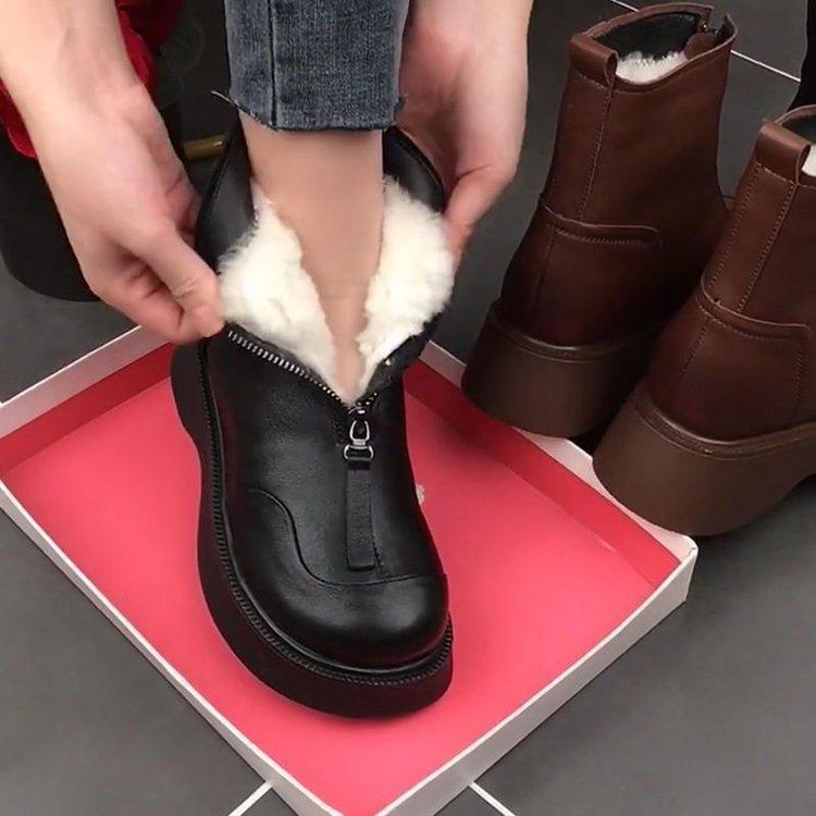 Winter lässige echte weiche Leder Baumwollstiefel dicksohlige Samt Kurzstiefel runde Spitze Gummi weiche Sohle warm Frontreißverschluss