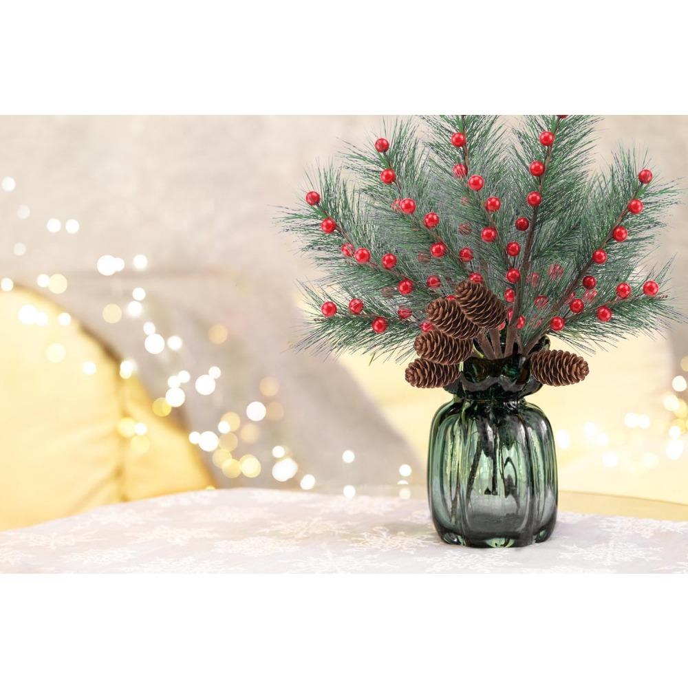 Christmas Berries Pine Picks Christmas Flowers Artificial Red Berry Pine Branches Long Faux Pine Stems with Pinecones for Xmas Tree Floral Arrangement