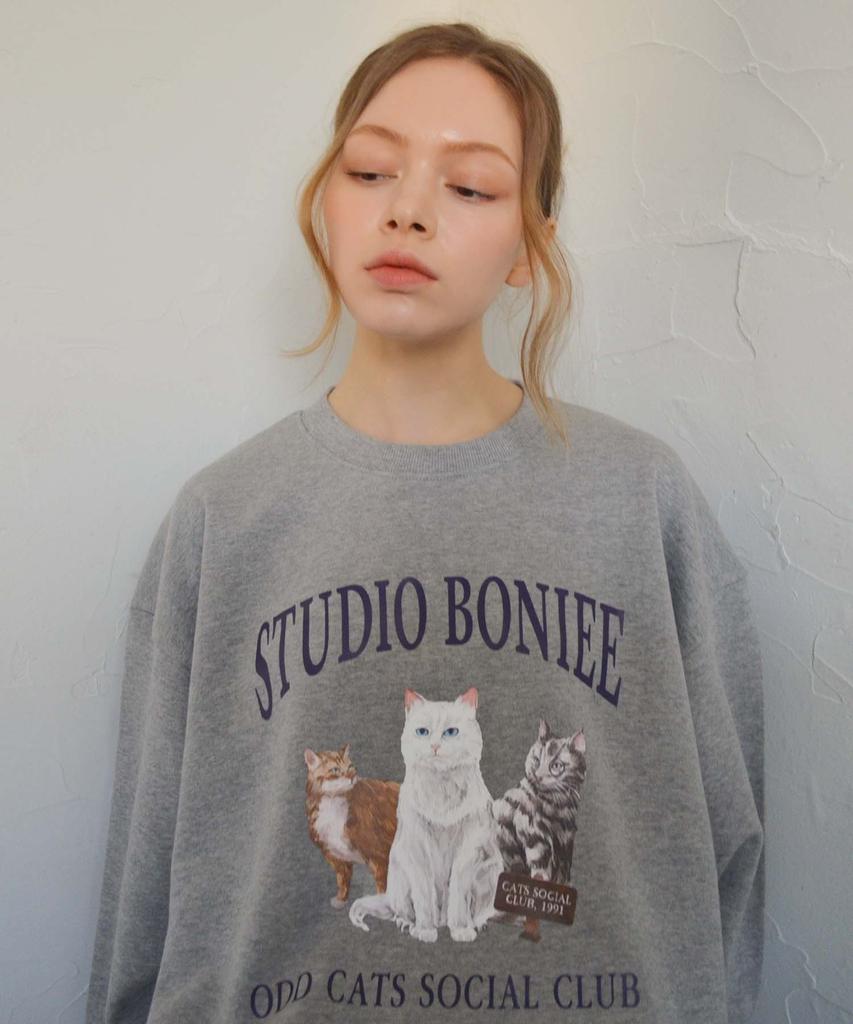 BONIEE [Fleece Lined Selection] Odd Cats Cat Social Club Graphic Oversized Sweatshirt Gray