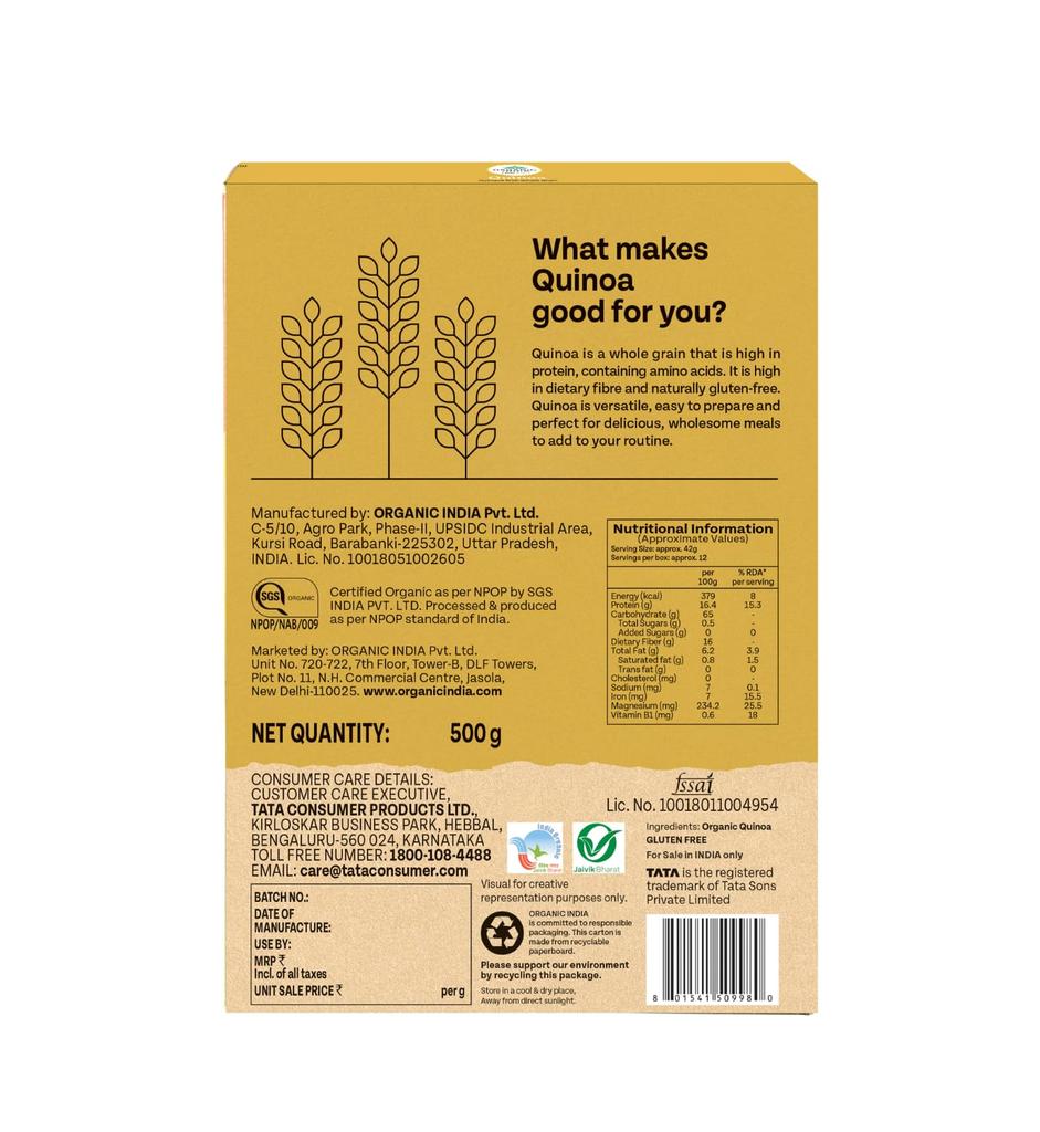 ORGANIC INDIA Quinoa 500g Nutrient-Rich Whole Grain Gluten-Free Protein-Rich Source of Iron Magnesium