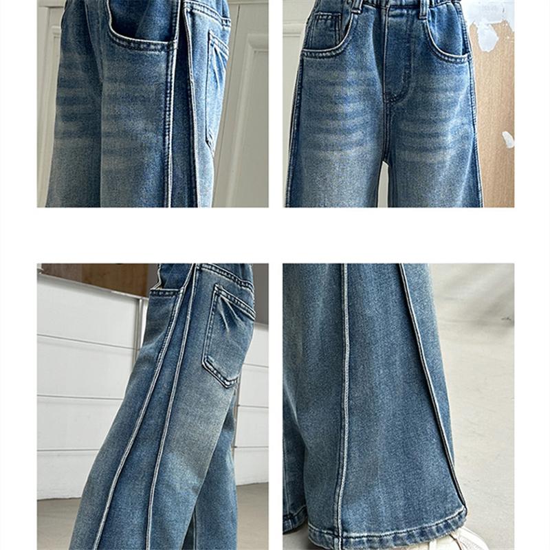 Autumn Tween Girl Dark Blue Jeans Foldable Wide Leg Denim Pants Kids Child Spring High Waist Jeans Trousers Age 4 To 14 Y