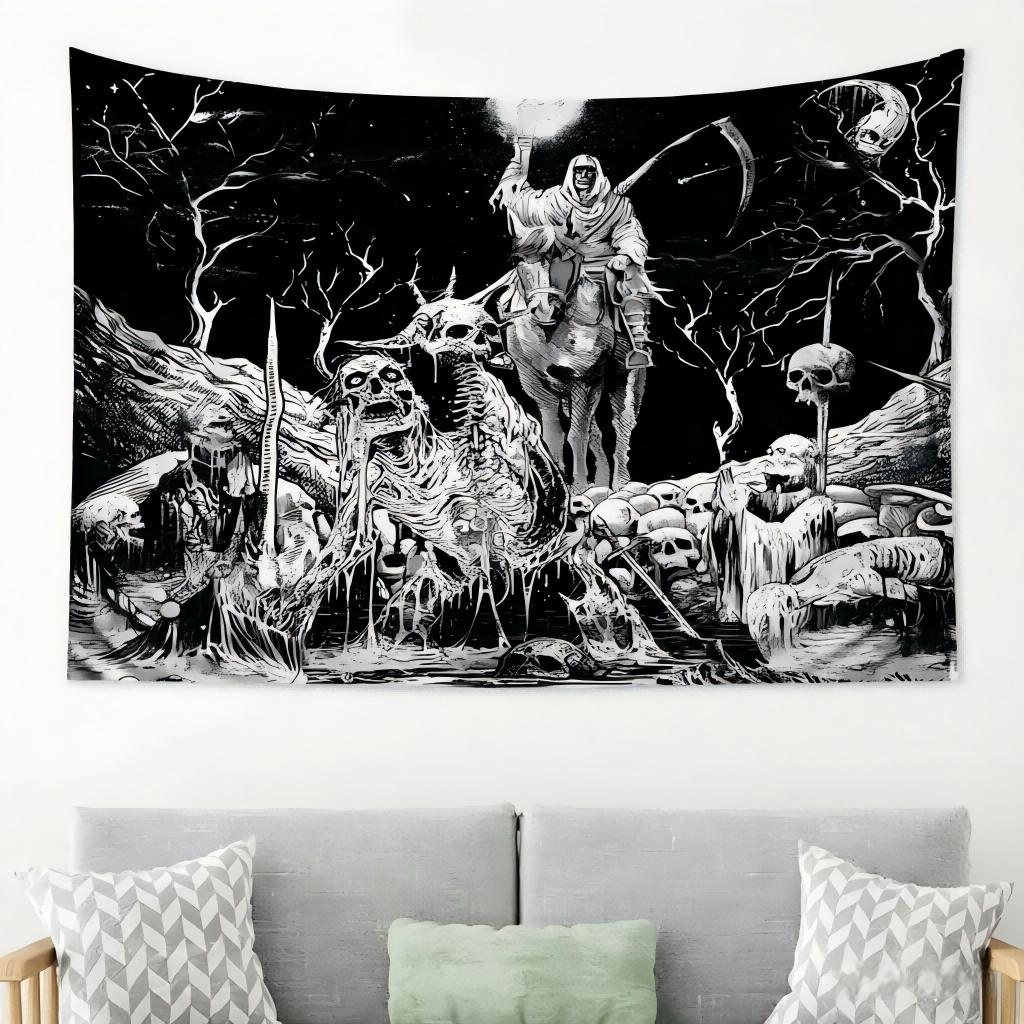 1pc Black White Gothic Skull Tapestry, Dark Ghost Rider Night Sky Moon Flat Print Wall Hanging, Horror Decor for Bedroom Living 100X70CM