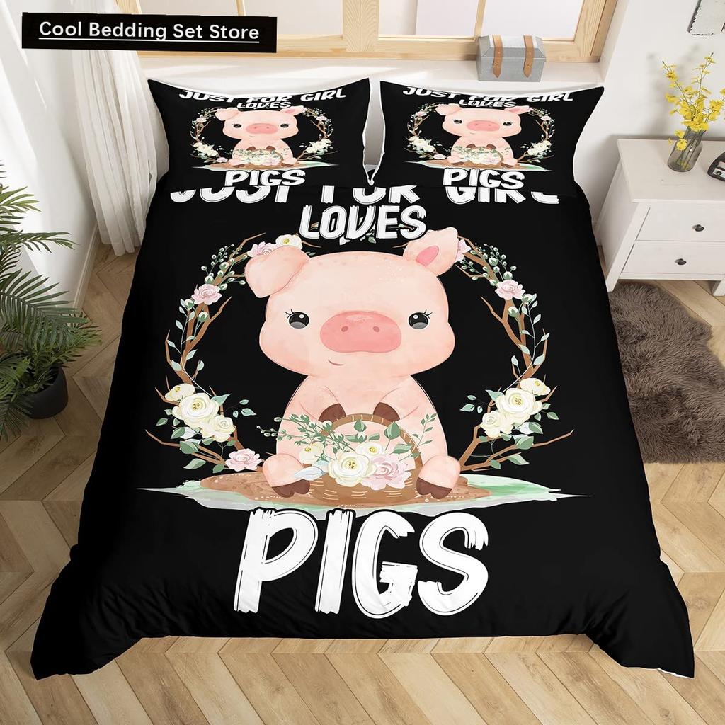 Cartoon Kawaii Pig King Queen Duvet Cover Happy Farm Animal Bedding Set Pink Piggy Quilt Cover 2/3pcs Polyester Comforter Cover