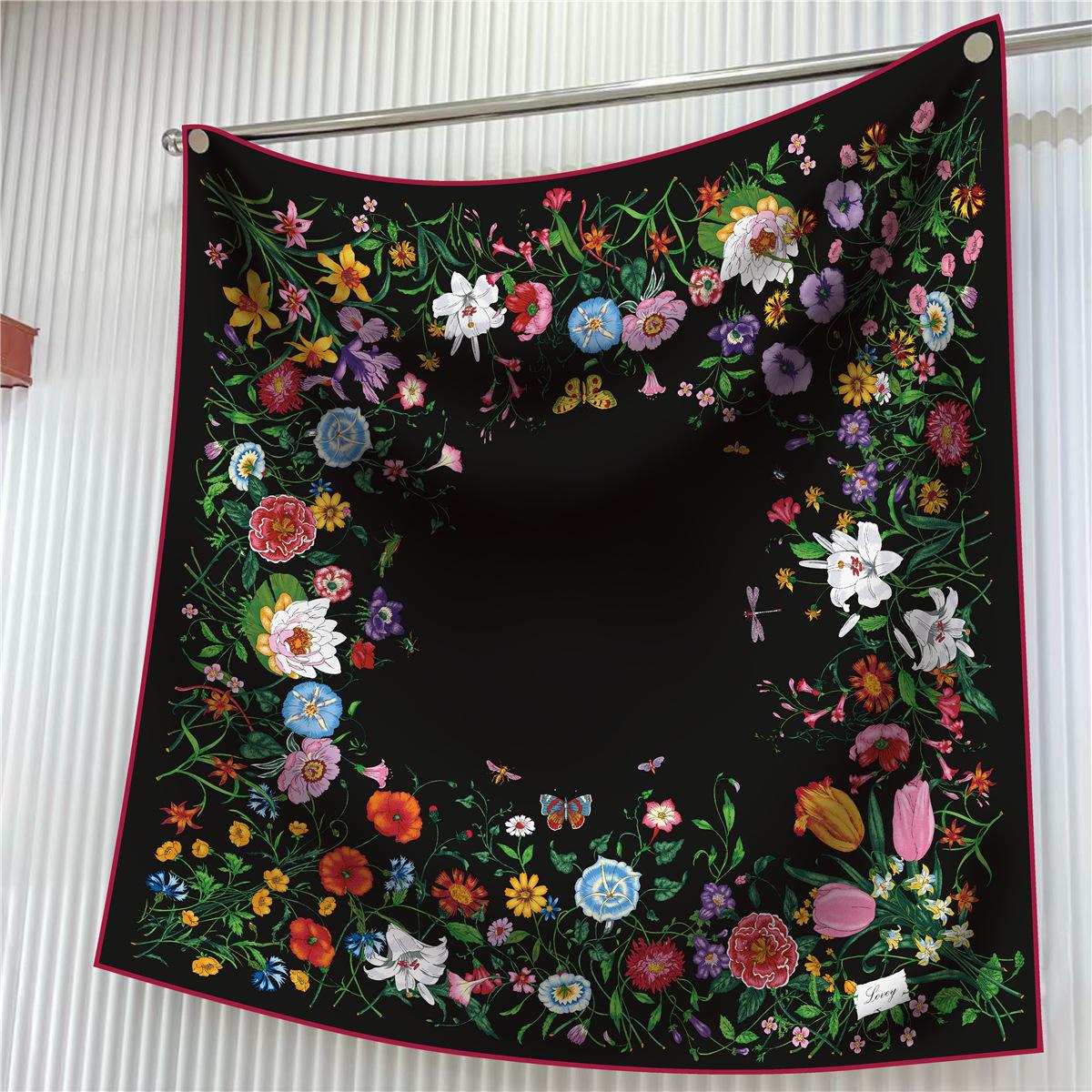 

90cm Silk Scarf Women Plants Flowers Printed Square Scarves Head Echarpes Foulards Femme Wraps Shawls Bandana Lady Hijabs 90x90cm