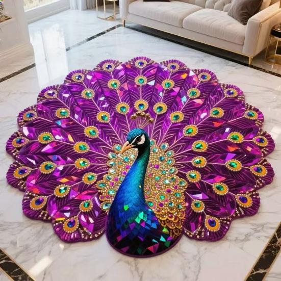 3D Peacock Pattern Plush Rug Non-Slip Backing Easy To Clean Various Sizes Living Room Rug Home Decor