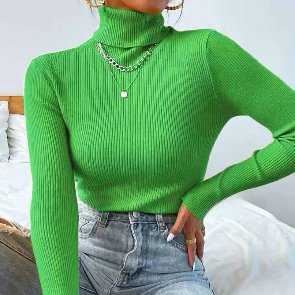 2025 Women s High Neck Solid Color Knit Pullover Sweater Large яблочный зеленый