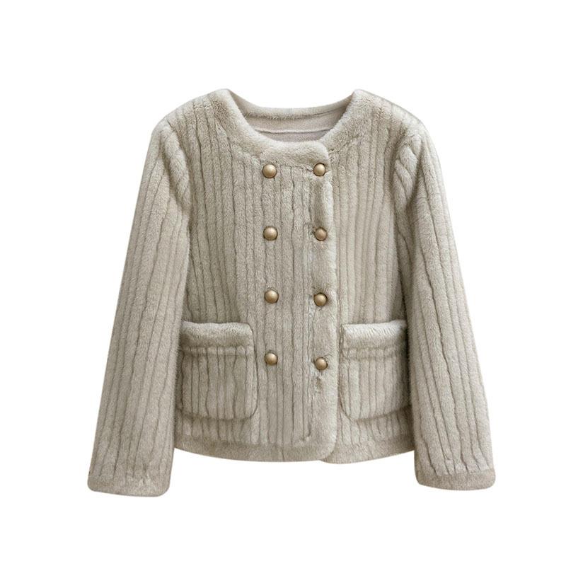 Ny Dame Rund Hals Dobbelkneppet Fusk Mink Pels Gressjakke Vertikalt Mønster Pels Ett Stykke Pels Topp