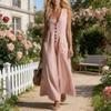 Women's V Neck Long Dress Summer Sleeveless A-line Swing Dress Casual Button Down Flowy Beach Sundress with Pockets