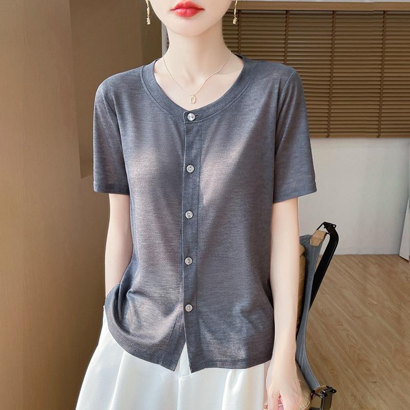 Women's Spring and Summer Models Worsted Single-breasted Medium-sleeved Bottoming Shirt Personality Cardigan Round Neck Casual Tops
