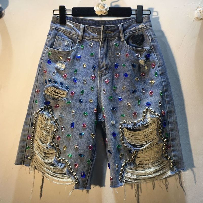 Jeans Shorts Women Summer  Short Pants High Waist Stretch Distressed Washed Diamonds Streetwear Straight Denims S синий