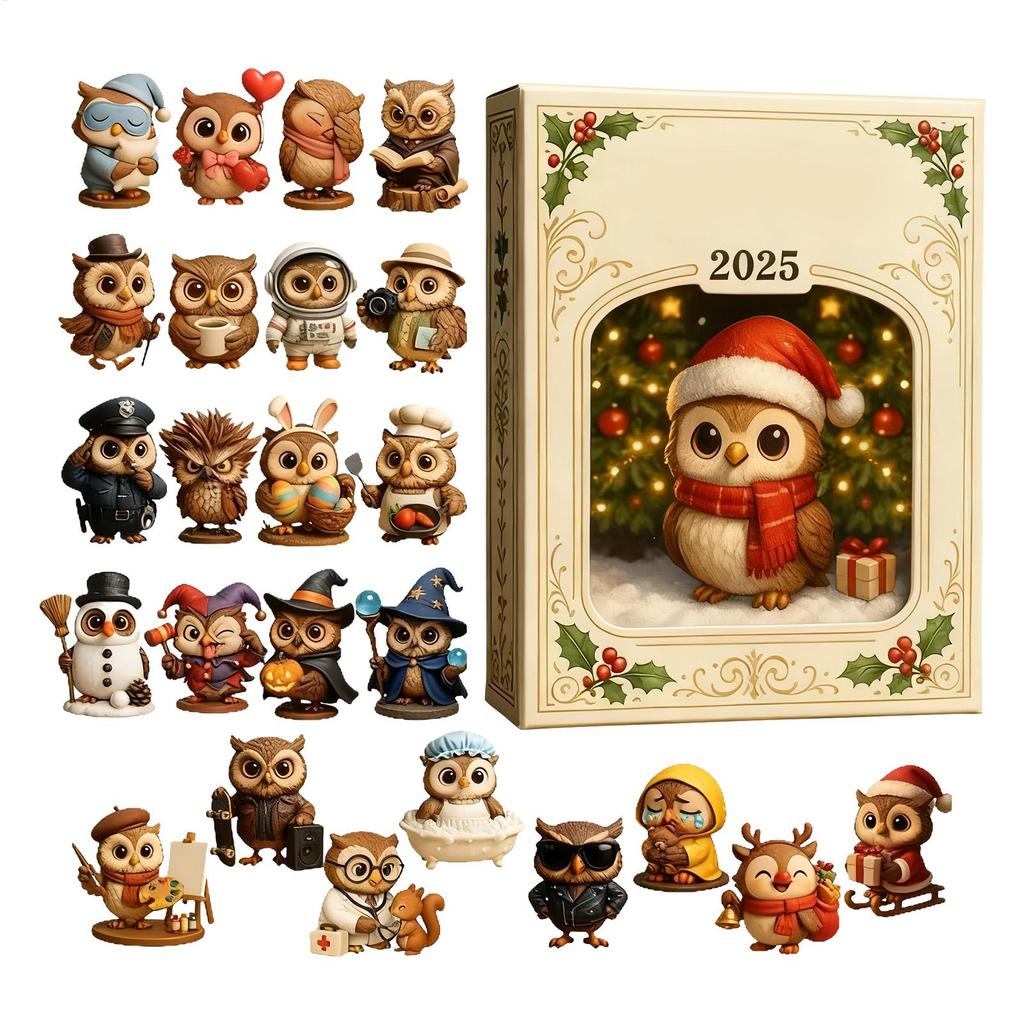 2026 Christmas Countdown Calendar Pendant 2D Flat Acrylic Animal-Theme Ornament 24Days Owl Ornament Countdown Calendar Xmas Gift