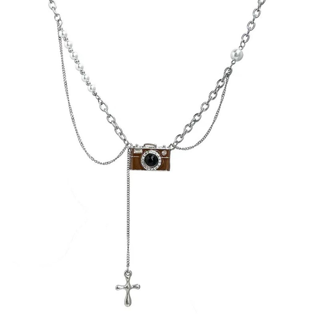 Vintage Brown Camera Necklace Adjustable Length Clavicle Chain Party Wear Neckchain Jewelry for Fashionable Women