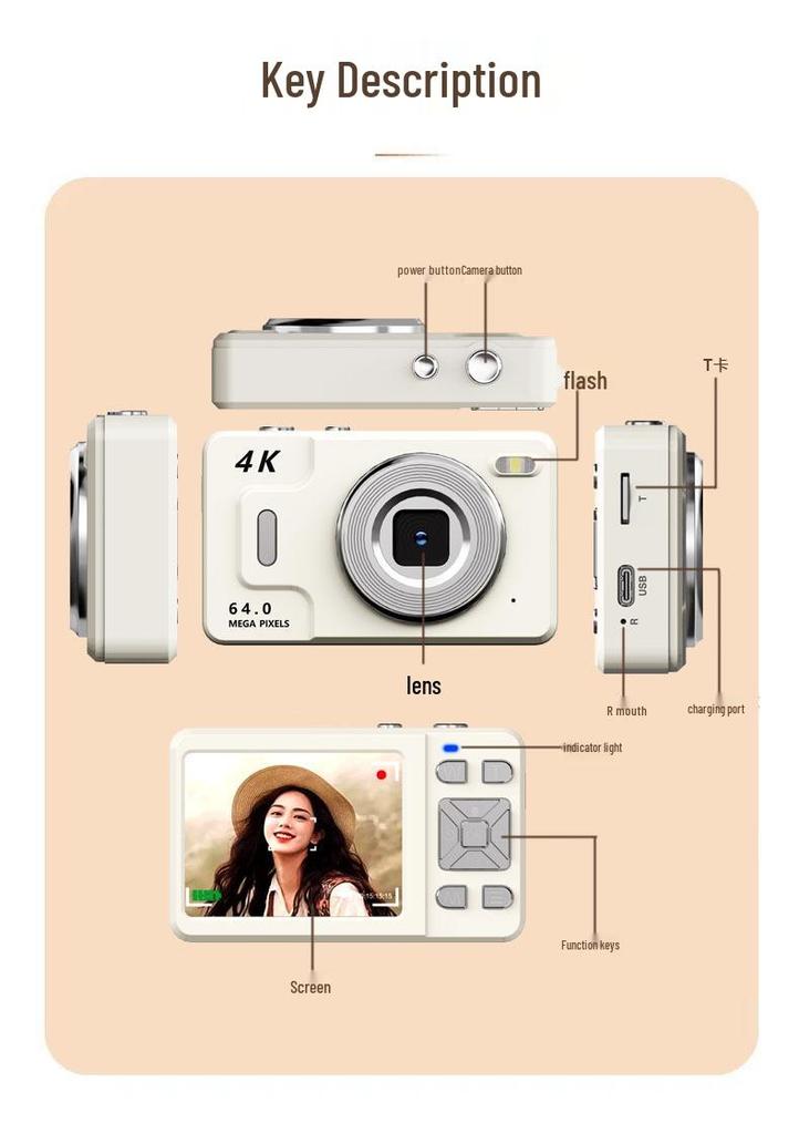 8MP CCD HD Digital Camera for Students & Kids, 64MP Photo, Home Video Camcorder