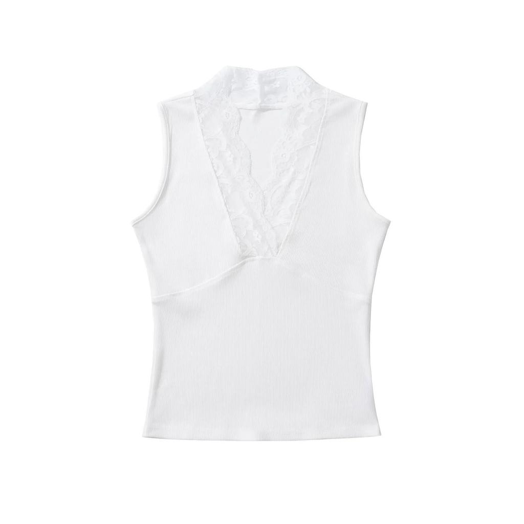 Lace V-Neck Ribbed Cotton Camisole: High-Elastic Slimming Tank for Spring/Summer 2025