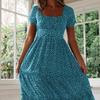 Flowy Boho Summer Dress Floral Swing Tiered Beach Sundress Women Casual Square Neck Short Sleeve Ruffle A Line