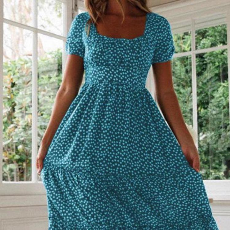 Flowy Boho Summer Dress Floral Swing Tiered Beach Sundress Women Casual Square Neck Short Sleeve Ruffle A Line