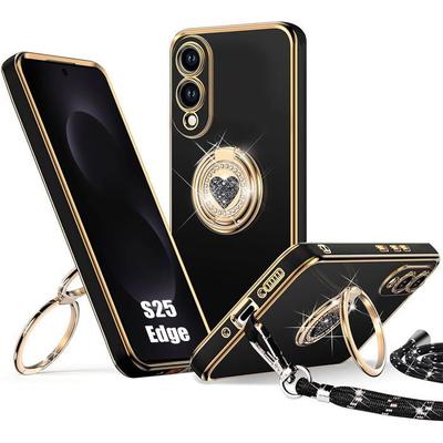 Case for Samsung Galaxy S25 Edge, Soft Silicone with Lanyard and Shiny Rotating Ring Heart Pattern - Black