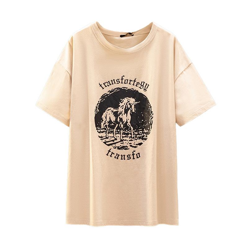 Plate-size Women's Mid-length Split Short-sleeved T-shirt with Printed Summer Versatile Tops